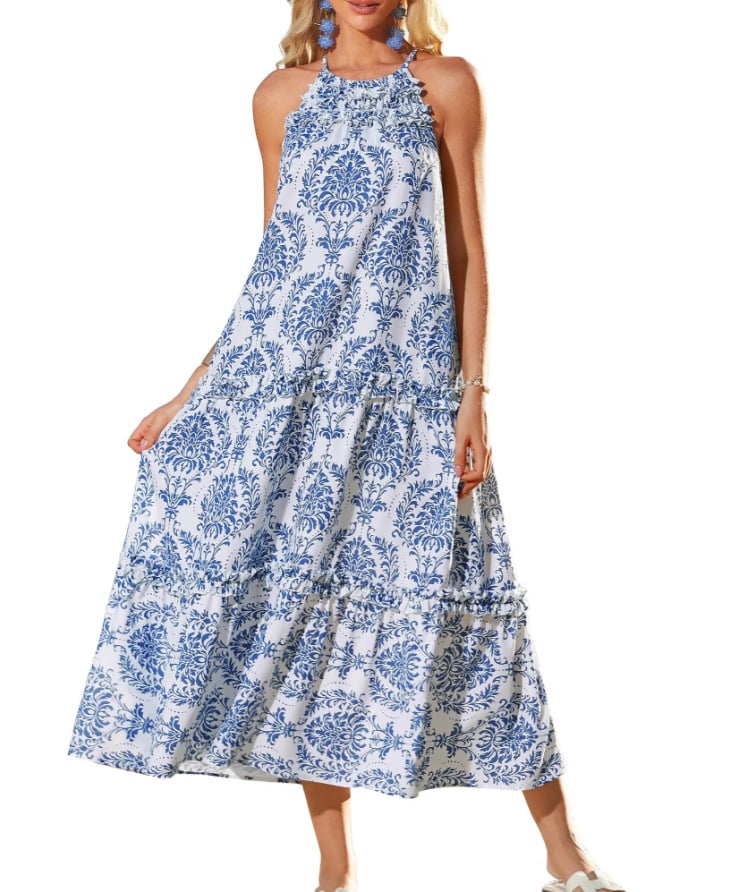 Women's Boho Casual Summer Floral Halter Tiered Beach Dress